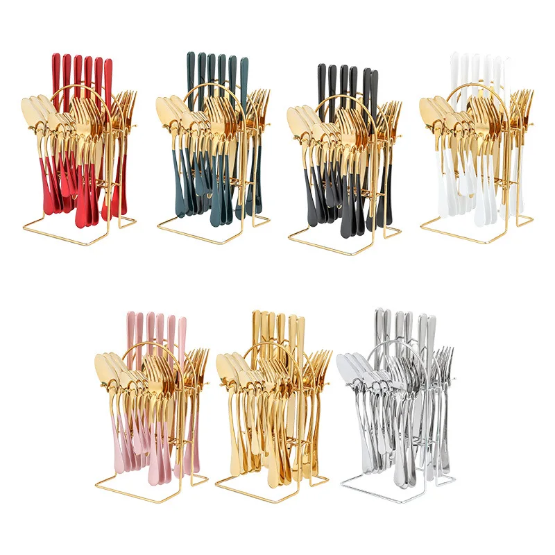 

Low MOQ Flatware 25pcs Cutlery Gift Set With Stand Silverware Set Stainless Steel Cutlery Set, Silver/rose gold/gold/black/gold+color handle