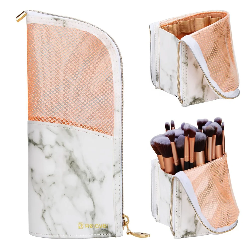 

Free Dropshipping Relavel 2021 New Design Multi-function Small Waterproof Stand-Up Organizer Divider Makeup Brush Holder For Travel, Marble white