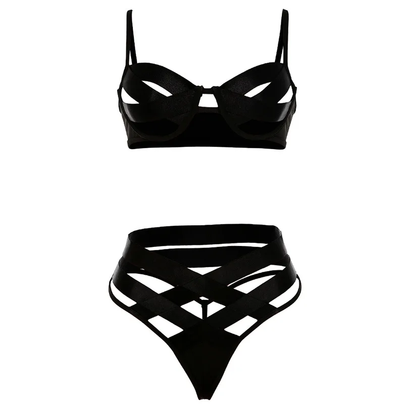 

Women's Hot Sexy Ladder Underwear Cut Out Push Up Two Piece Bra and Panty Set Open Crotch 2 pc Bondage Lingerie for sex adult