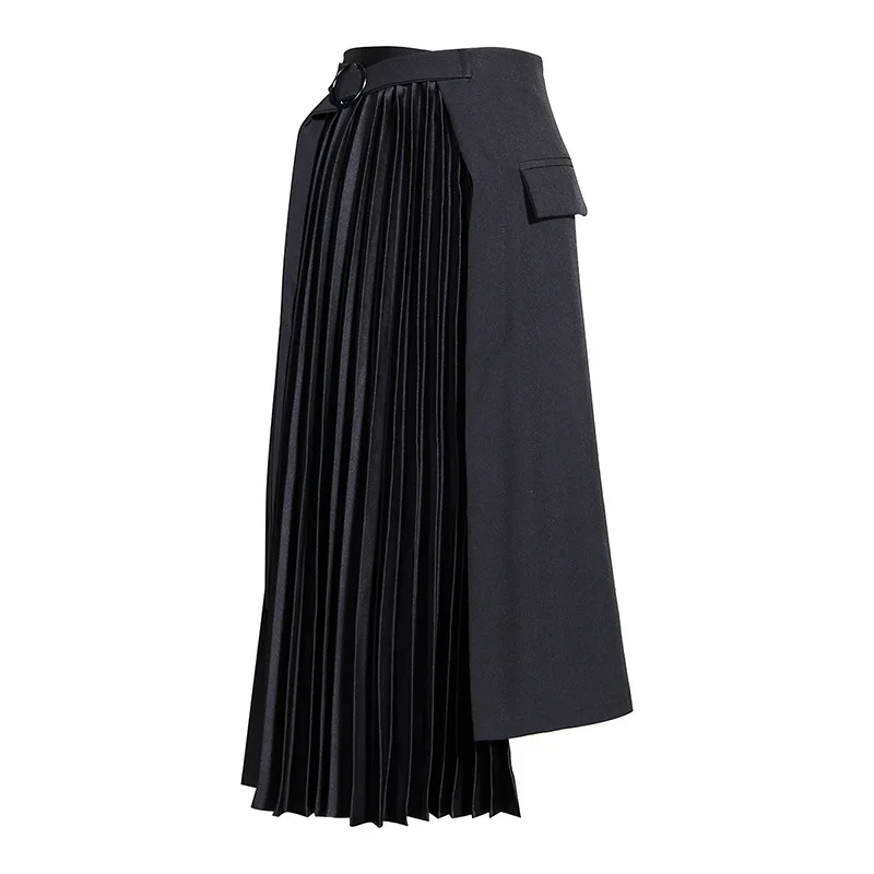 

2020 Spring New Style Europe Stylish Black Irregular Design Half Pleated A line High Waist Slim Women Long Pencil Skirt