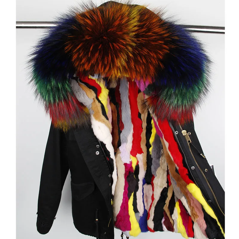 

Drop Shipping Maomaokong Oversize Raccoon Fur Hood Short Parka Real rabbit fur lined Winter Jacket Coat with fur
