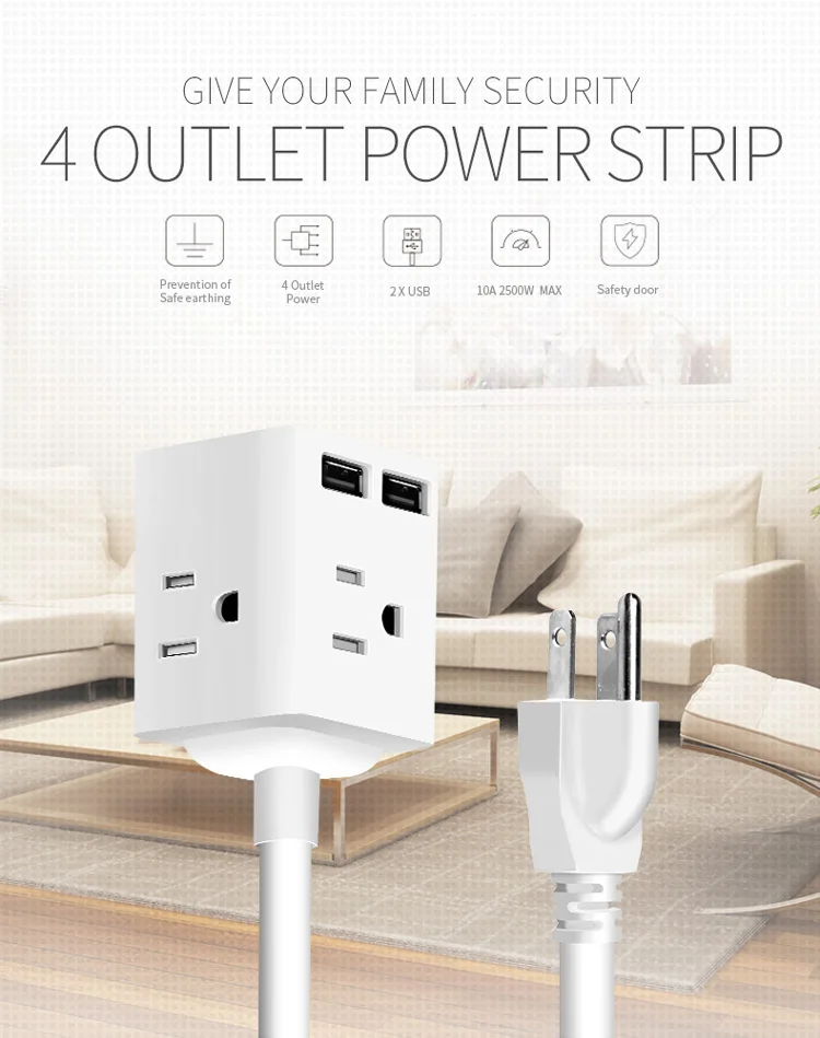 Extension multi 4 socket and 2 usb port usa cube square outlet usb 3-pin power strip adapter socket with cord