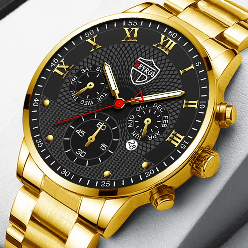 

DEYROS Watch Big Dial Business Trend Watch Fashion New Luminous Men's Stainless Steel Wristwatch Men Calendar Quartz Watch Clock, 7-colors