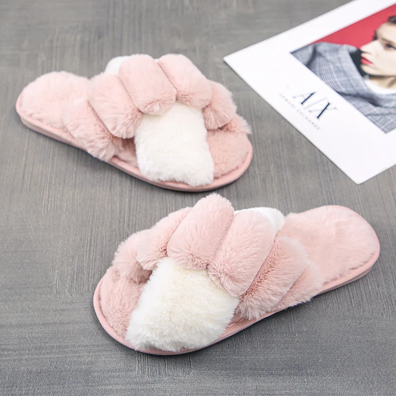 

2020 winter ladies fashion fur cross straps slides casual women's sandals solid fluffy wholesale slippers house furry slippers, Pink