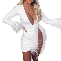 

Elegant White Mesh Inserted Embellished Mini Dress Women Glam Feather Patchwork Hollow Out Sequin New Year Party Dress