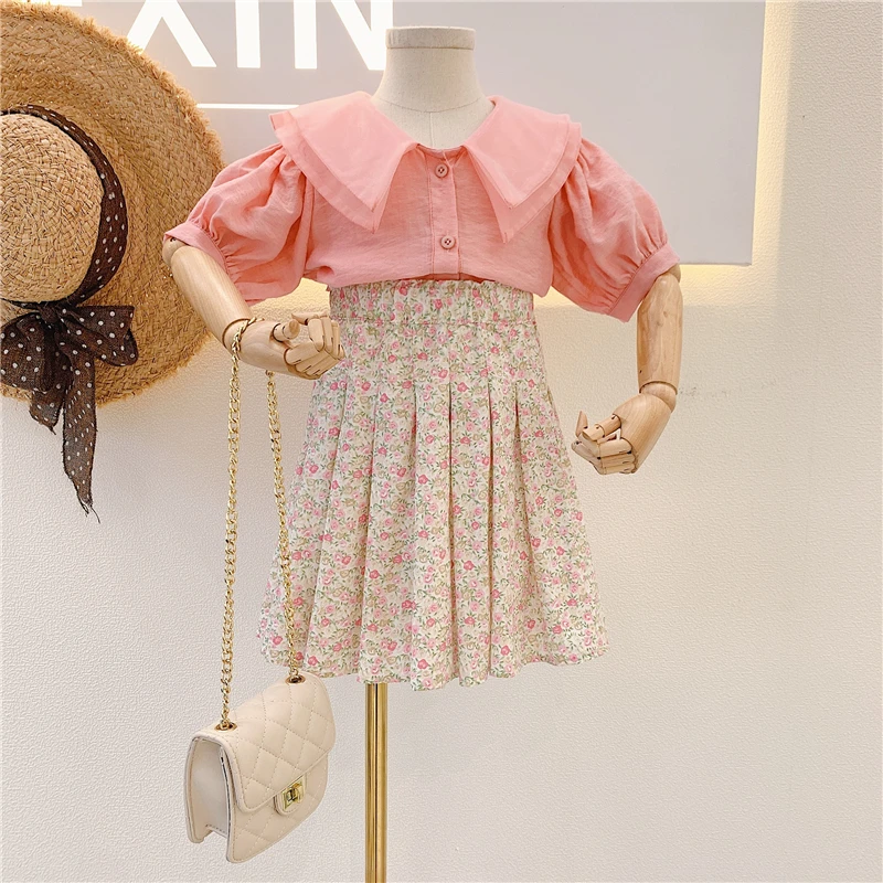 

Summer girls ruffled collar puff sleeve shirt floral pleated skirt two-piece, Pink