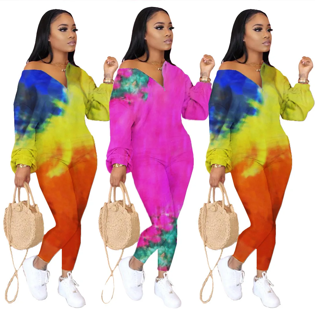 

2021 New Arrivals Tie Tye V Neck Plus Size One Piece Outfit With Zipper Rompers Womens Jumpsuit