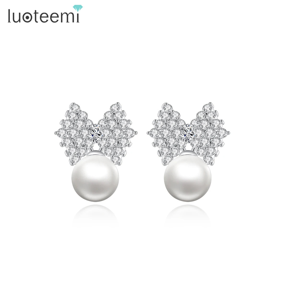 LUOTEEMI Trendy Jewelry Wholesale New Arrival Fashion White Gold Crystal Women Elegant Bowknot Pearl Earrings Stud