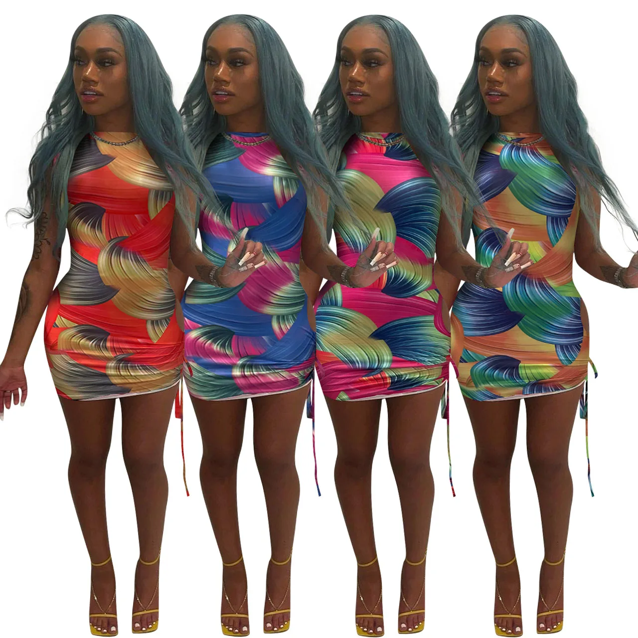 

Foma NK225 women clothing summer 2021 girls dresses colorful print bodycon sexy mini dress, 4 colors