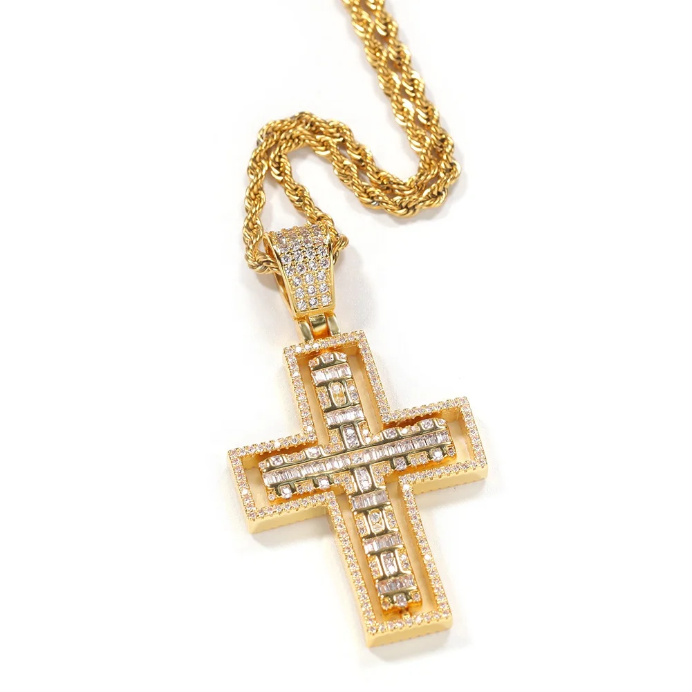 

Hip Hop Bling Iced Out Two Side Can Wear Rotatable Cross Pendants Necklace for Men Women Rapper Jewelry Gold Color