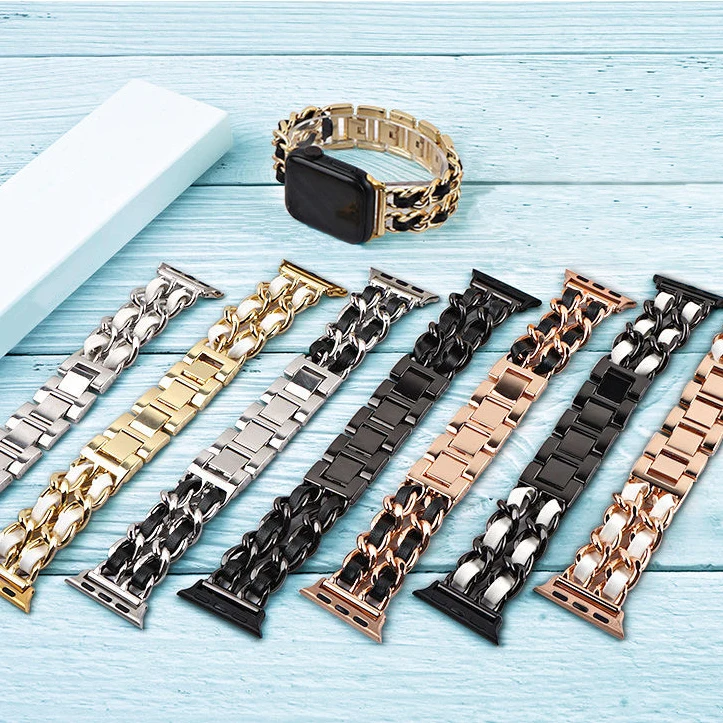 

Small Fragrance Leather Belt + Metal Denim Chain Wristband Stainless Steel Watch Band Strap For Apple iWatch 7 SE 6 5 4 3 2 1