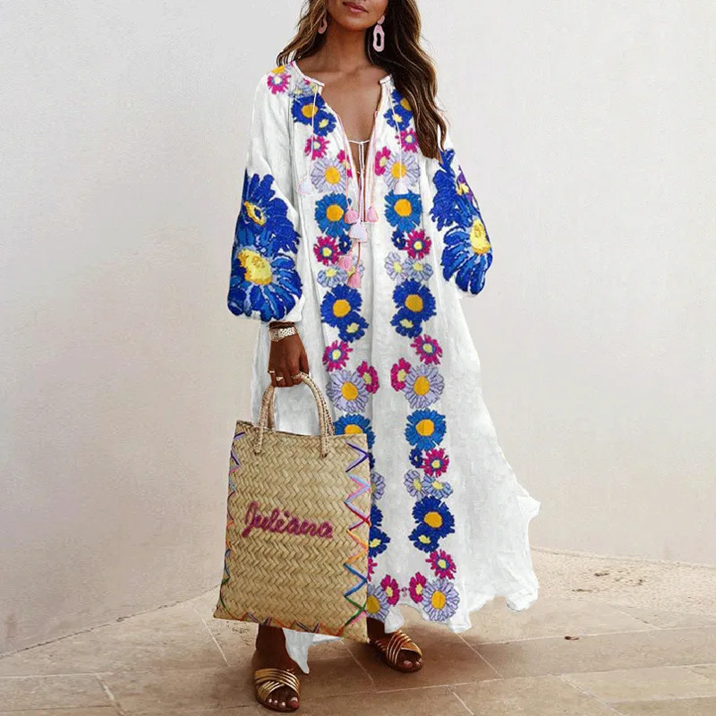 

Summer beach boho V-neck Long Sleeve Printed Loose maxi women elegant Casual dress