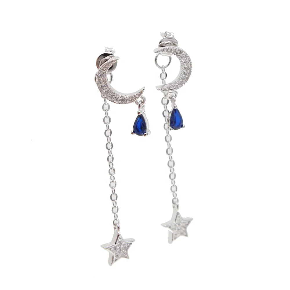 

2021 Christmas gift fashion jewelry sparking bling cz paved moon star charm drop tassel Earring for women