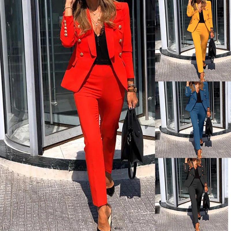 

2021 New Autumn Ladies Two Piece Pants Long Sleeve Suit Office Wear Formal OL Women's Business Suits, Solid color