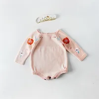 

New arrival autumn cotton baby girls long sleeve Knitted pink plum flower romper infant clothes