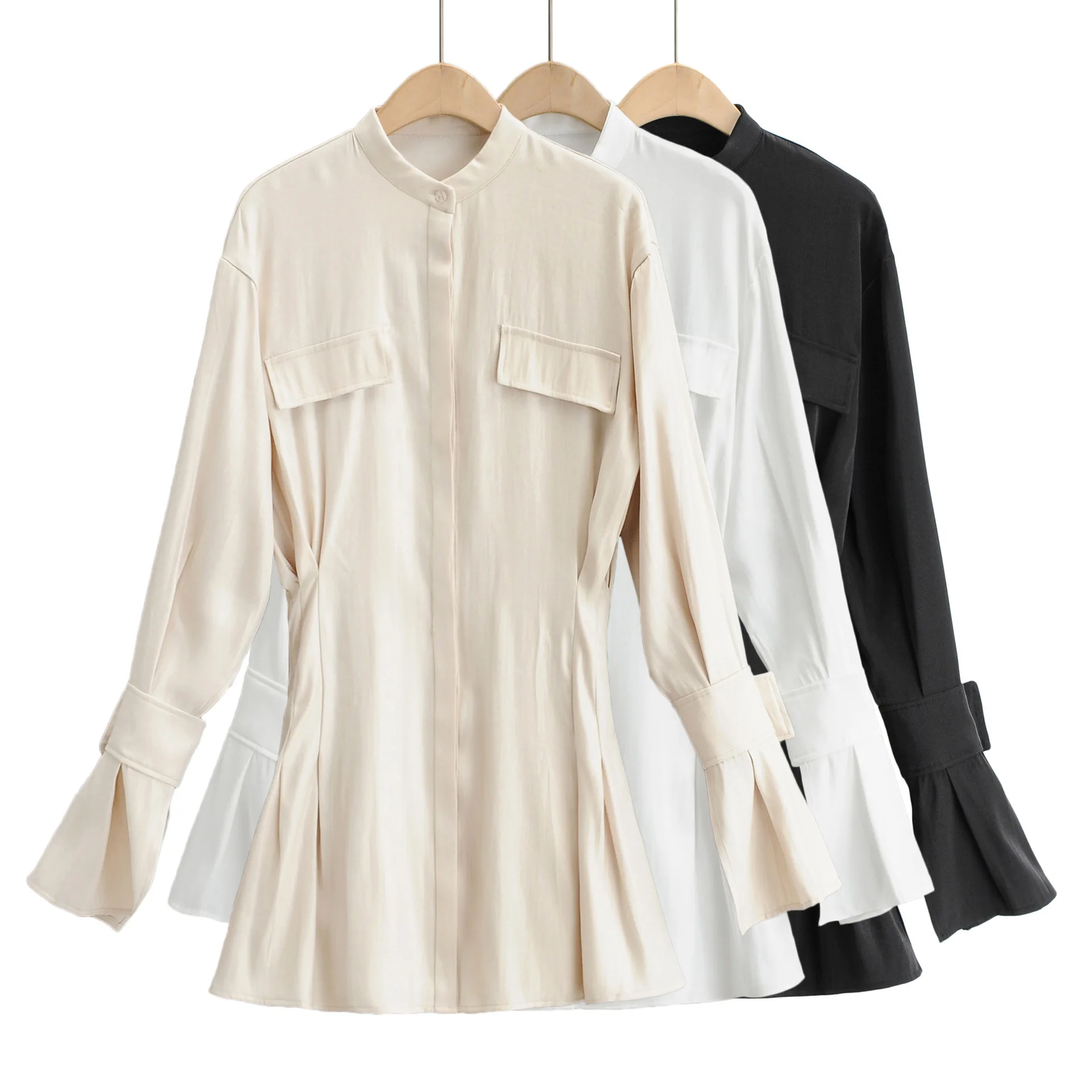 

B54366A 2021 Spring new lady fashion long sleeve single-breasted shirt dress, White/beige/black