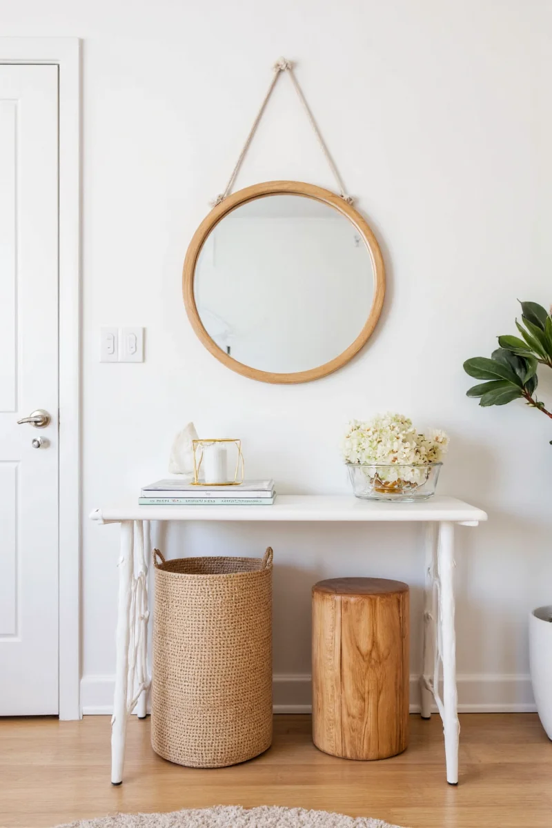 Playroom with wooden round mirror on the wall
