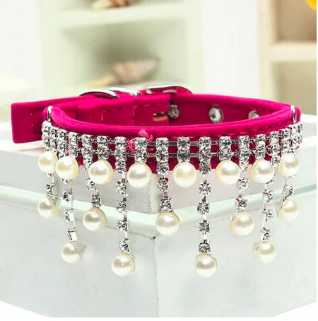 

Fashion Decoration Beaded Bling Crystal Pearl Cats Necklace Pet Products Luxury Jewelry Cat Velvet Necklace Beaded Dog Collar