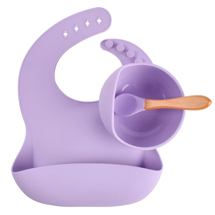 

Baby Silicone Bowl Bibs Set Non-slip Children's Suction Plate Wooden Handle Silicone Spoon Bibs Dishes Baby Feeding Tableware, Multicolor