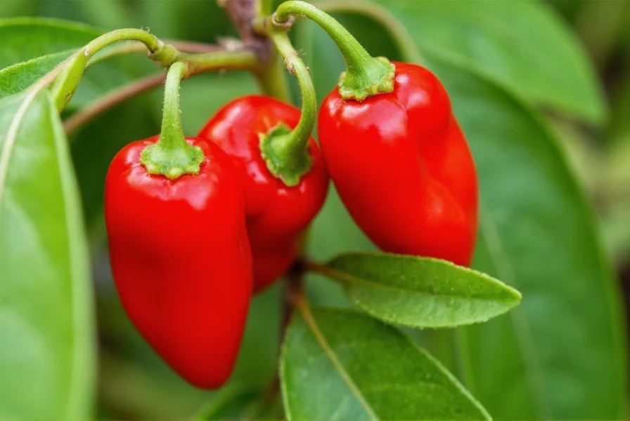 Close-up of fresh red Tabasco peppers growing on plant with characteristic small size and tapered shape