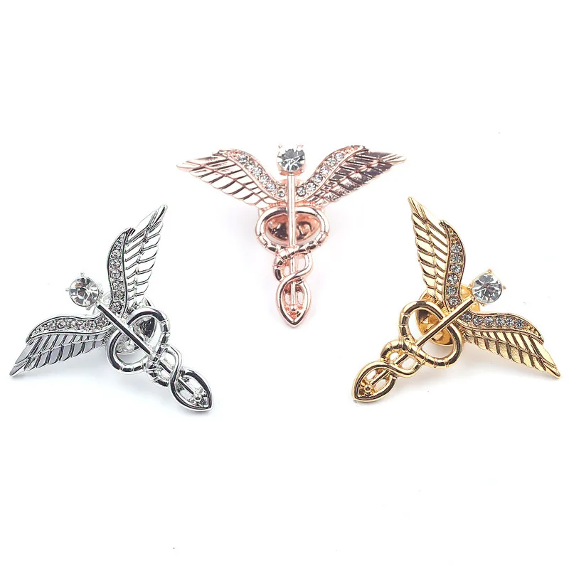 Trendy elegant angel wings doctor brooches accessories gift double snakes caduceus medical brooch pins, As pics