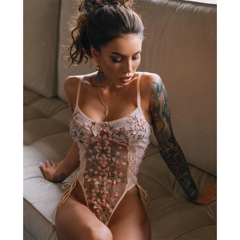 

Sexy underwear Gauze embroidery Women's lace tight underwear suit 2021summer new Floral jumpsuits Bodysuit Sexy lingerie, White/pink/gray/black