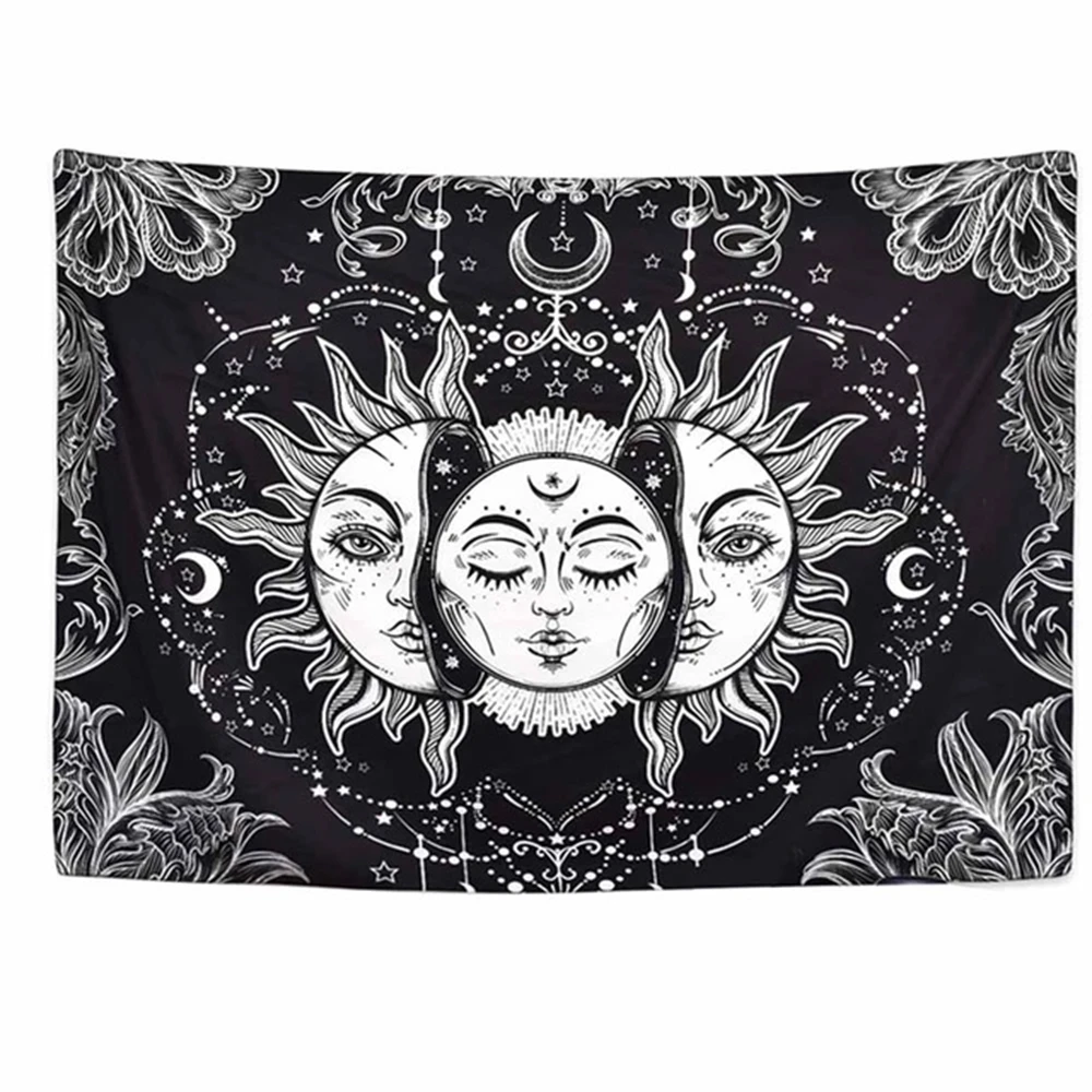 

White Black Sun And Moon Printed Dorm Decor Blanket Hippie Wall Rugs Hanging for Tapestry Home Decoration, Optional