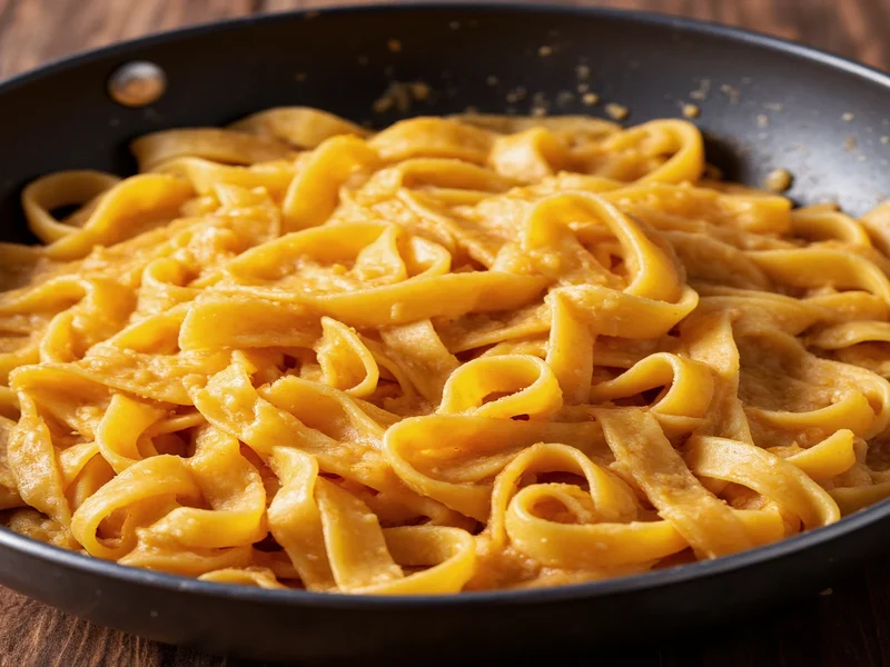 Freshly cooked homemade fettuccine in pan with sauce