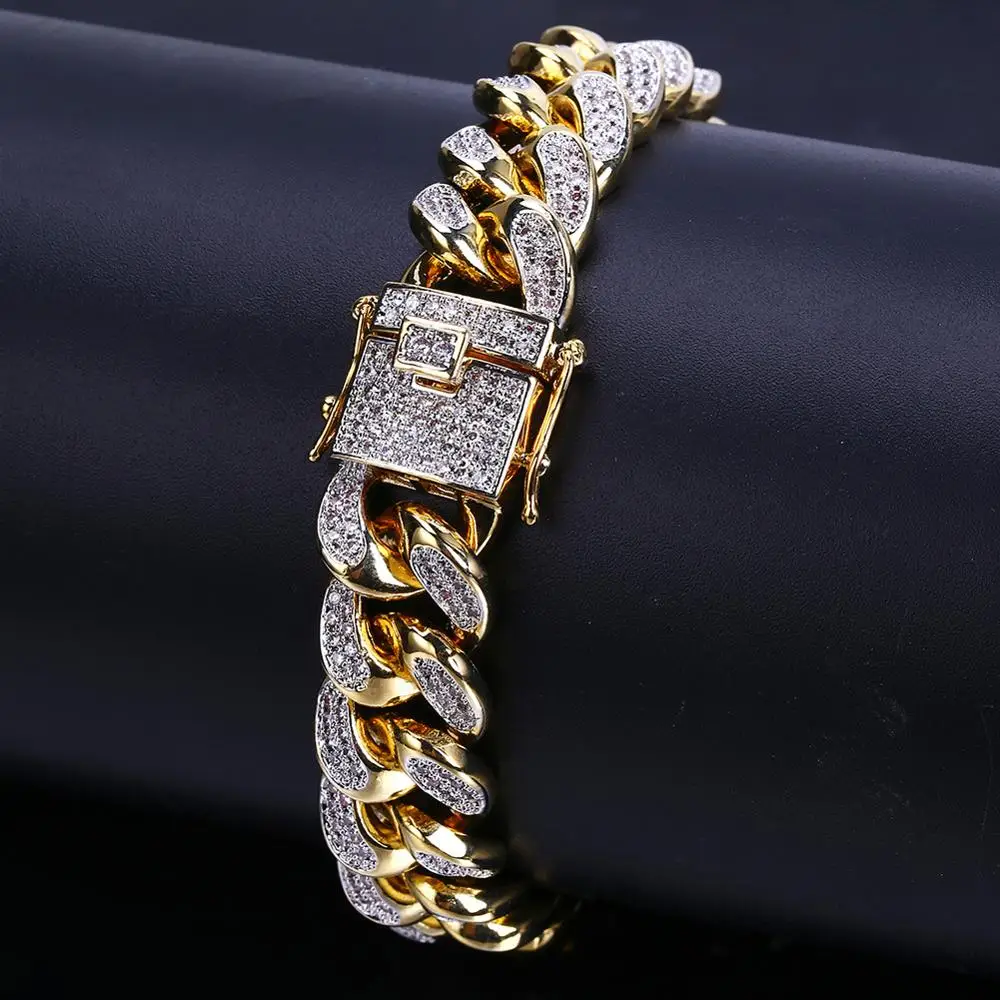 

10mm Men's Top Quality Brass Bracelet Men Male Cuban Link Chain On Hand Man's Chain Bracelet iced out, Gold, silver