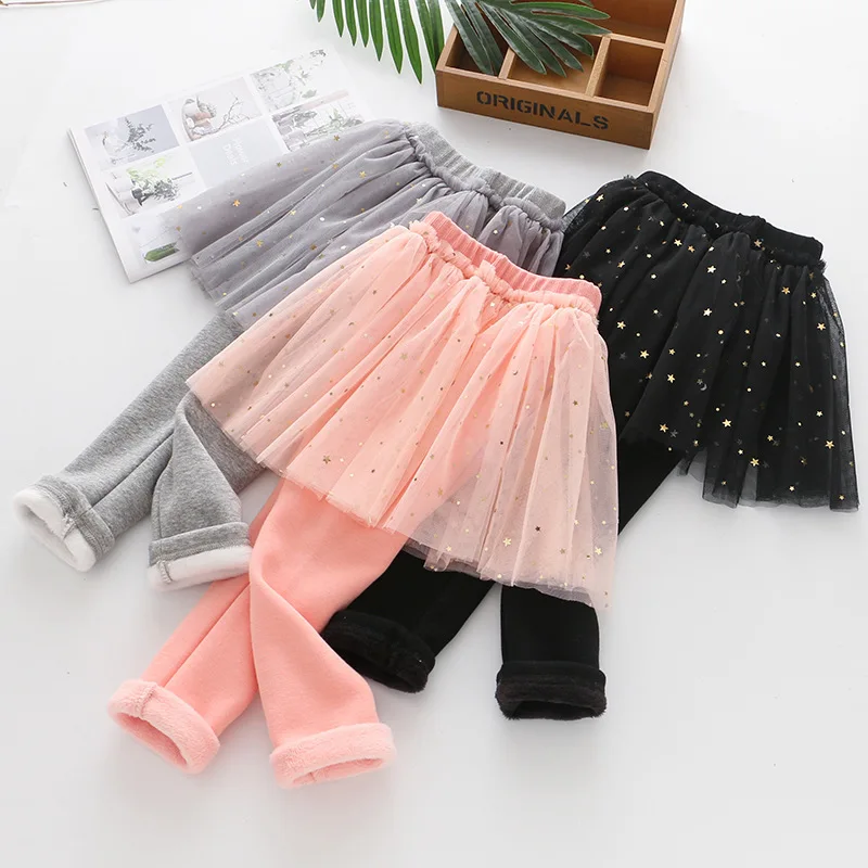 

Children's Winter New Girls' Plush Skirts and Trousers Thickened Sequin Mesh Skirts and Trousers