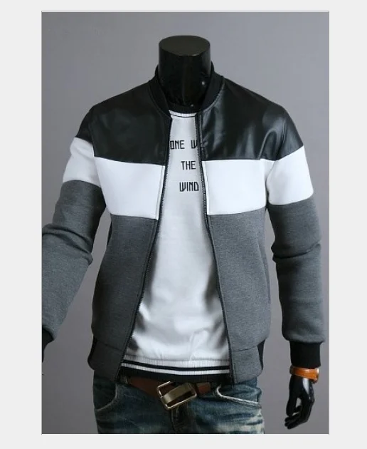 

wholesale fashion winter patchwork long sleeve jacket zip up men leather jacket