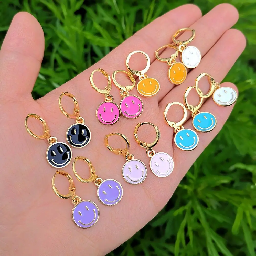 

Laodun Fashion Dripping Emoji Earrings Smiley Colorful Ins Style Cartoon Smiley Huggie Earring for Women, Gold, blue, purple, pink, yellow, black, white