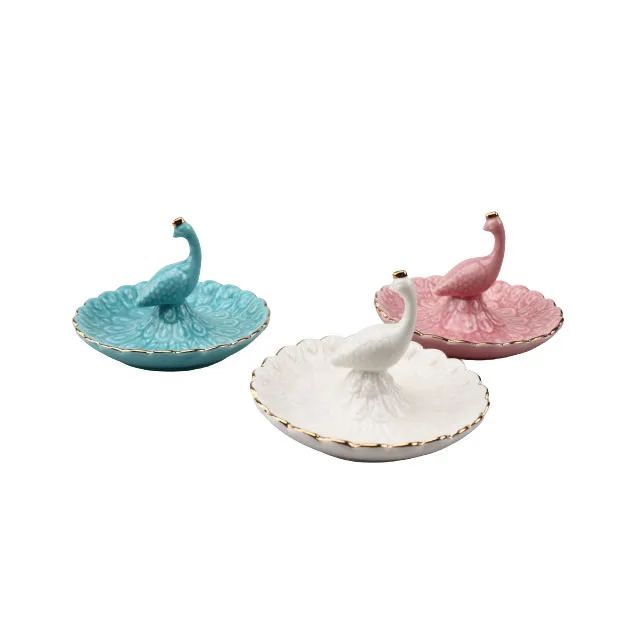 

Blue Pink White Peacock Design Animal Shaped Ceramic Ring Holder Trinket Jewelry Tray With Gold Rim For Girl Women Birthday Gift