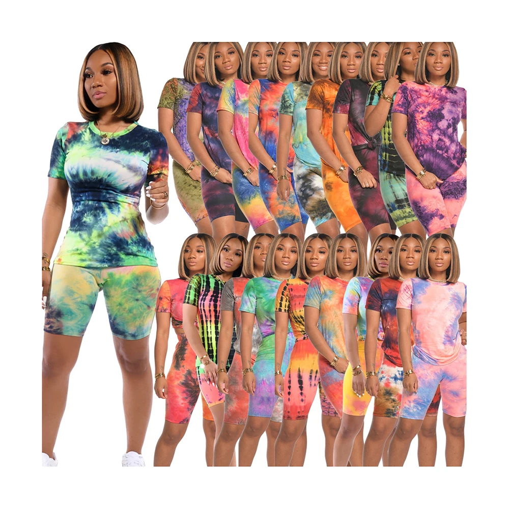 

Foma X9236 Hot selling summer fashion tie dye multi-style short sleeves T-shirt snack biker shorts women 2 two piece set, 19 colors