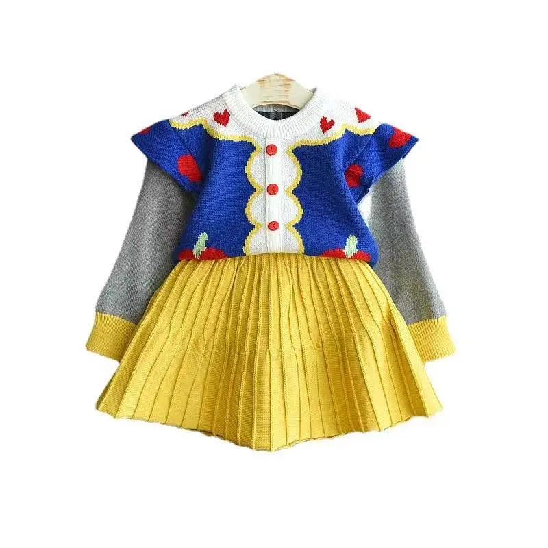 

2021 Snow White Knitted Suit Western Style Sweater for Baby Girl Dress Pleated Short Skirt 2pcs Sets Baby Girl Sweater, Purple, blue