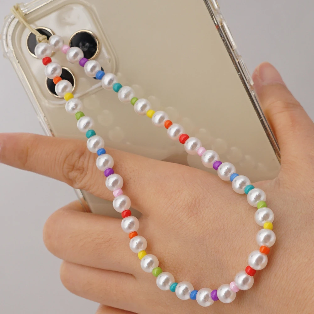 

Dvacaman Fashion Korean Mobile Chain Holder Pearl Colorful Beaded Phone Strap Charm Handmade Anti-lost Wrist Phone Chain Summer