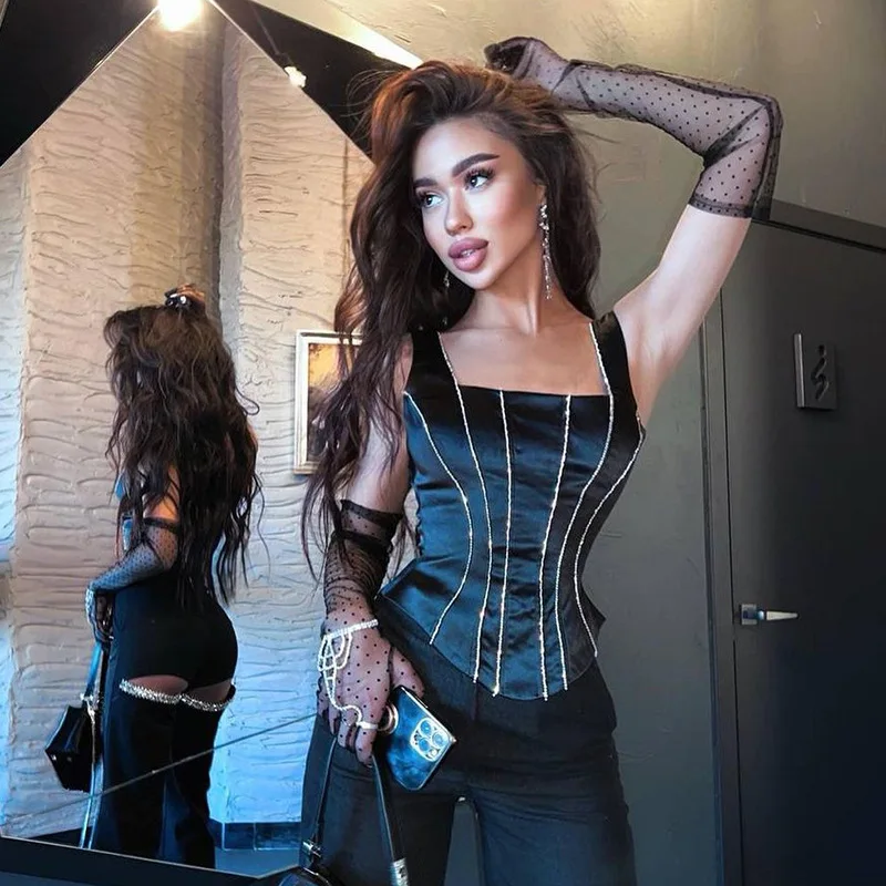 

2022 new arrivals summer collection beading square collar design satin women fashion crop top bone corset