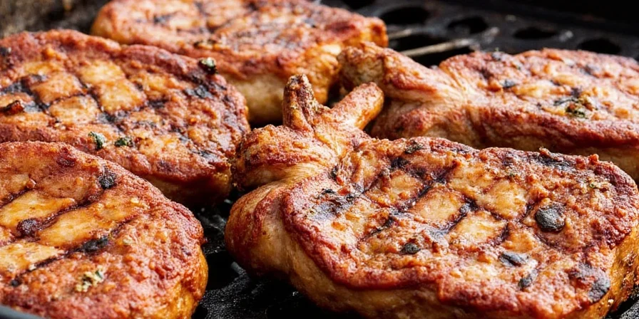Professional grilling setup with spices and pork chops