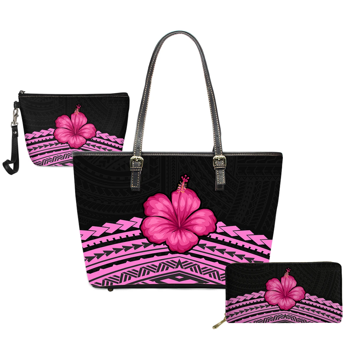 

2021 Hot Sell Fashion Hawaii Hand bag Set For Ladies 3 pcs in 1 Set Women Handbags Polynesian Tribal Floral Print Custom, Customizable