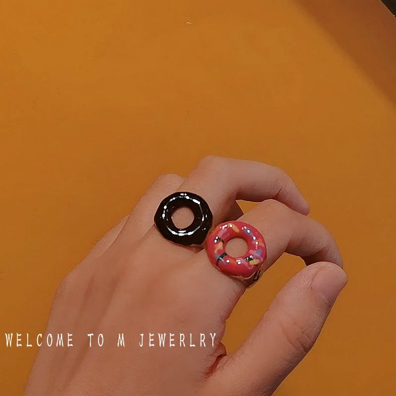 

OUYE Fashion Hot Donut Ring Korea Cute Open Ring INS Couple Niche Design Alloy Jewelry, Colorful