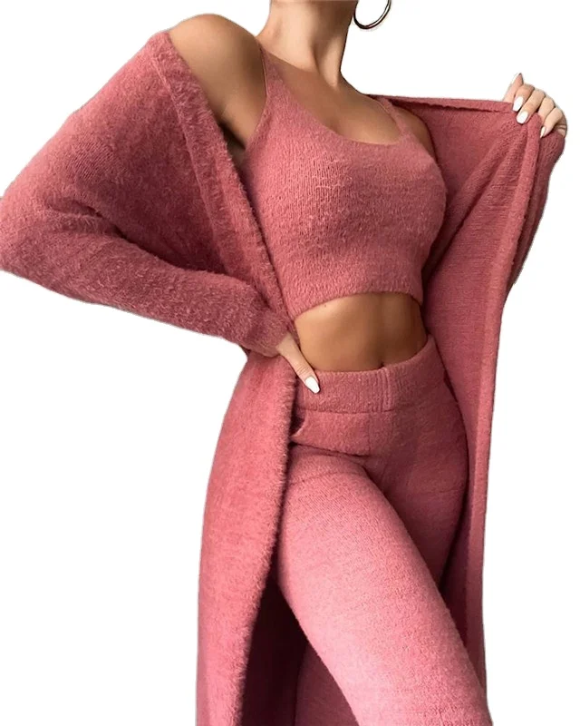 

Spring Solid Color Cardigan Crop Top And Pants Set Fuzzy 3 Piece Set Lounge Wear For Women