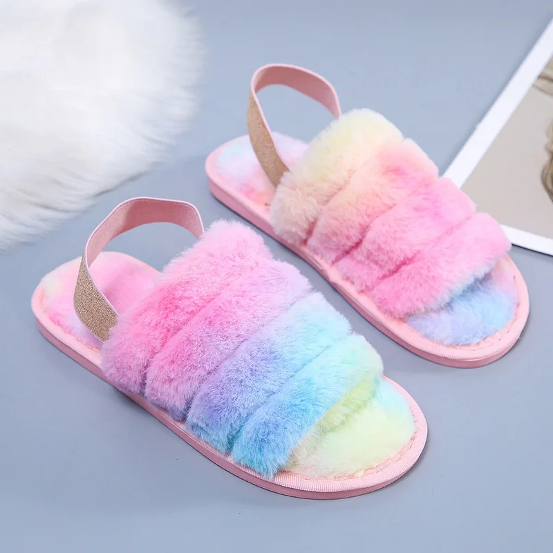 

Amazon Wish Hot Sale Women Slipper Fashion Soft Rainbow Fur Shoes Warm Plush Flat Slippers for Girls