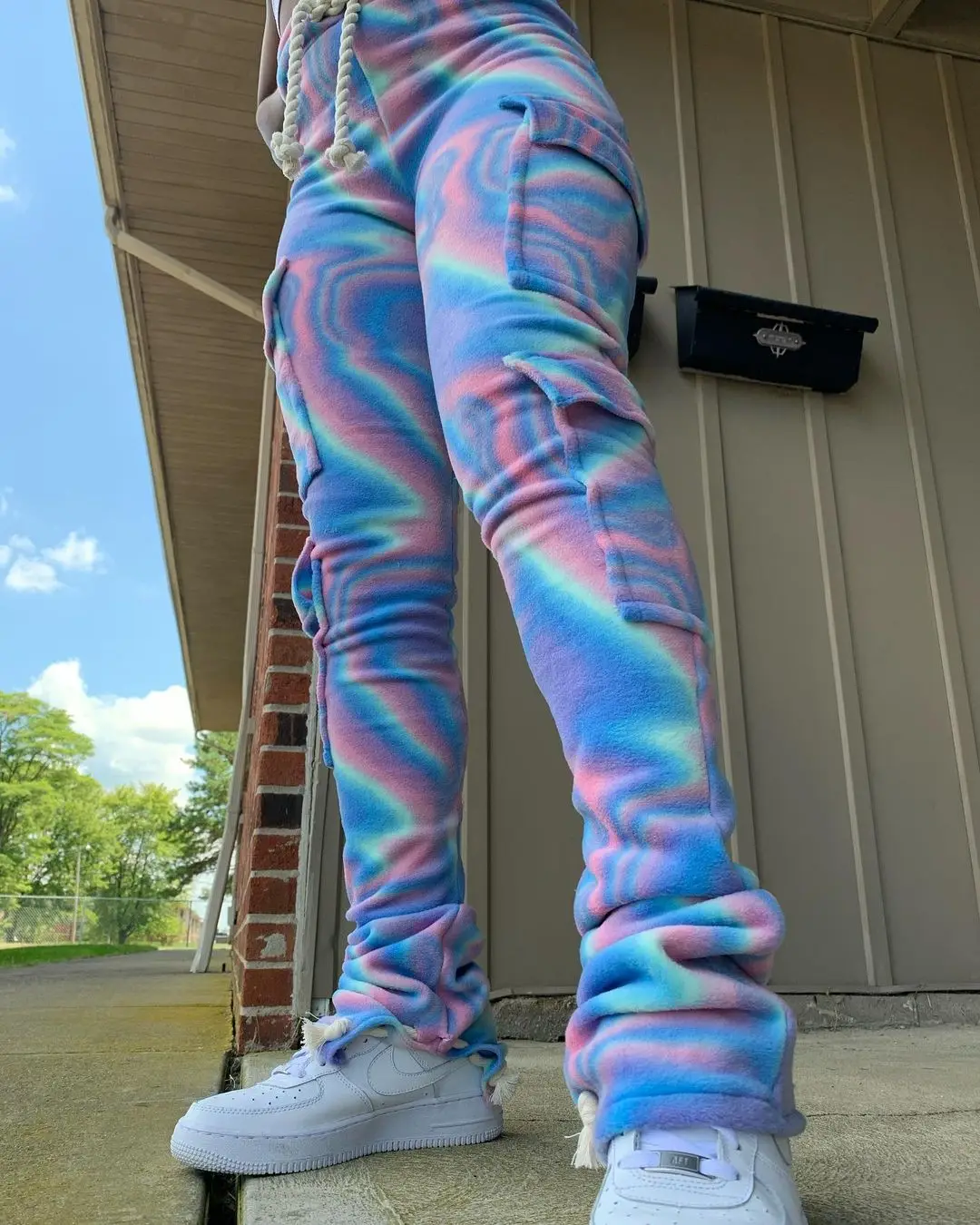 

2021 Women Fall Fashion Tie Dye Pocket Stretch Bottom Ladies Thick Velvet Stacked Joggers Wth Side Pockets Pants Trousers, Yellow,green,blue