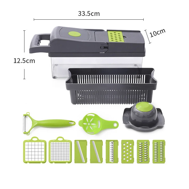 

New design Products Kitchenware Top Press All in 1 Multi Manual Food Chopper Vegetable Cutter Slicer with Container, Green+grey