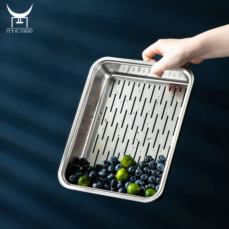 

kitchen vegetable fruit storage basket sink food drain basket 304 stainless steel strainer fridge storage box with cooling rack