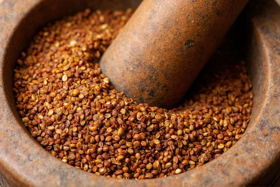 Close-up of toasted cumin seeds in a mortar with grinding pestle showing texture and color