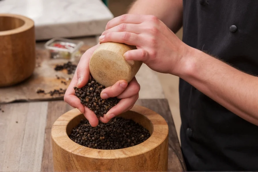 Chef using mortar and pestle to grind black peppercorns to coarse consistency