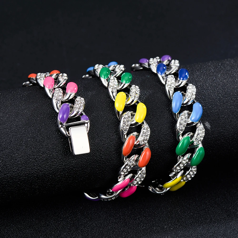 

Miami Pig Nose Enamel Rhinestone Cuban Choker Hip Hop Colorful Necklace Chain Link For Men Luxury Crystal Men's Bracelet Jewelry, Silver / gold color