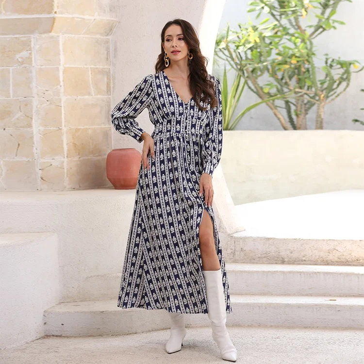 

ANANY Loose Paisley Print Boho Dress Split Thigh Bishop Long Sleeve Maxi Wrap Dress Puff Sleeve Women Casual Dresses, Multicolor or customized color