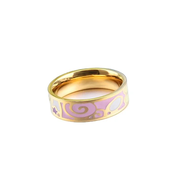 

Trendy Pink Bohemian Style Stainless Steel Jewelry Gold Plated Contrast Ring for Women Gilrls